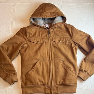 Duluth Trading Co Tan Canvas Hooded Jacket Pockets Fleece Lined Hood Size S